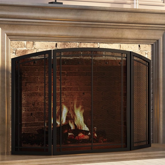 Fireplace Screen 3 Panel Wrought Iron Black Metal 48"(L) x30(H) Spark Guard Cover (Modern)