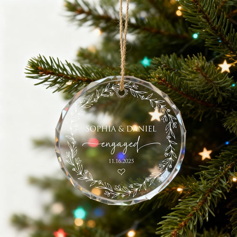 Custom Engaged Couple Glass Ornament with Custom Names and Special Date, Engagement Gift, Proposal Keepsake and Christmas Tree Decor for Couples, Partners, Wedding Planning or Holiday Celebrations