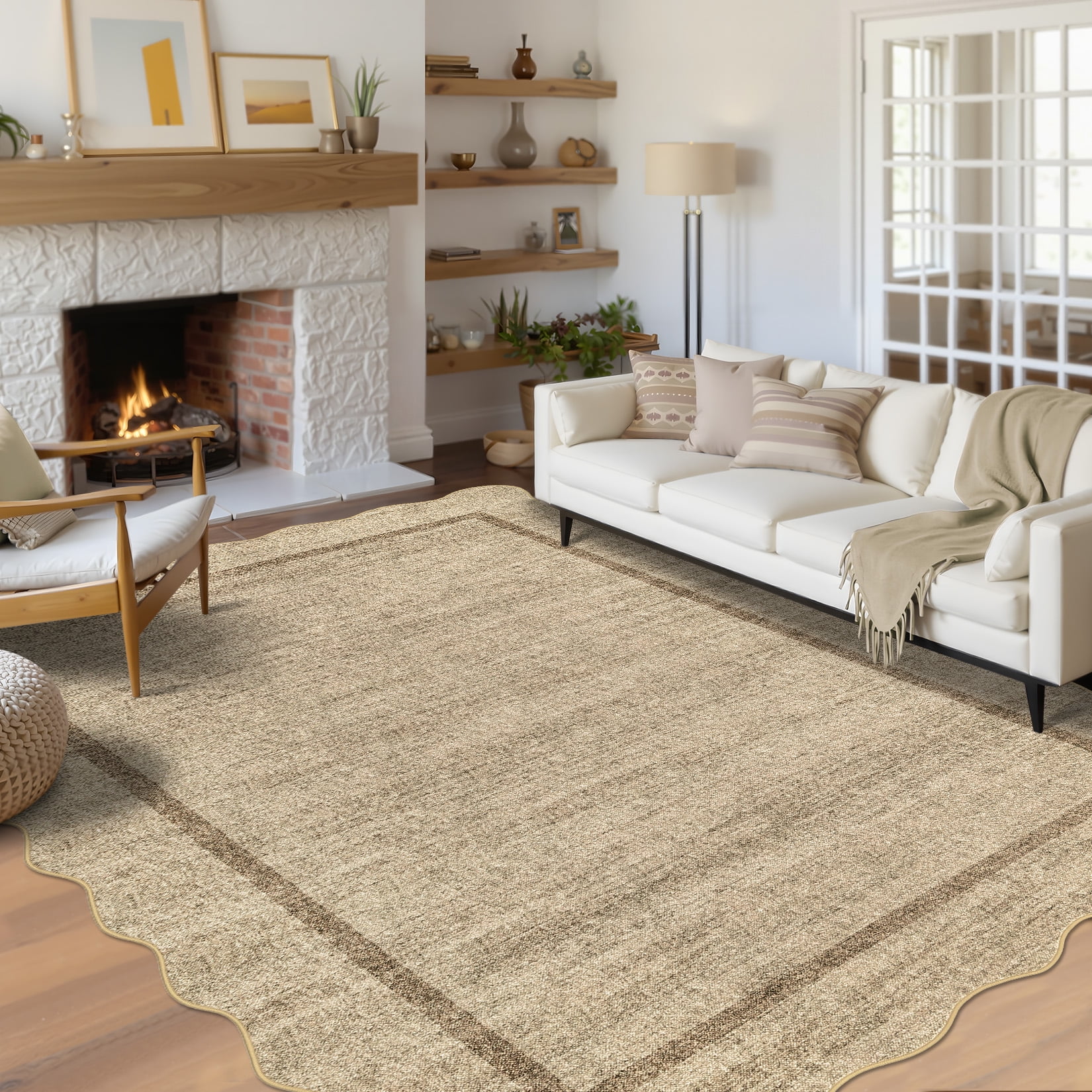 COZONY 5'x7' Washable Scalloped Rug, Non-Slip Low Pile Bedroom Area Rug, Stain-Resistant Geometric Floor Mat for Living Room, Heather