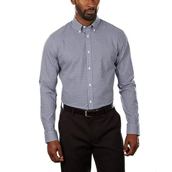 Tommy Hilfiger Men's Non Iron Slim Fit Gingham Buttondown Collar Dress Shirt, Navy, 17.5&quot; Neck 34&quot;-35&quot; Sleeve