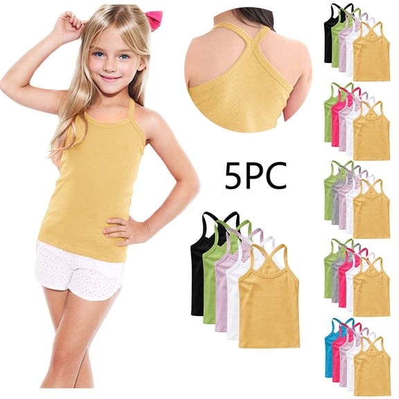Afuyipoi 5 Pieces Girls Tank Tops Size 10-12,Trendy Ribbed Breathable Sleeveless Y-strap Cami Yellow