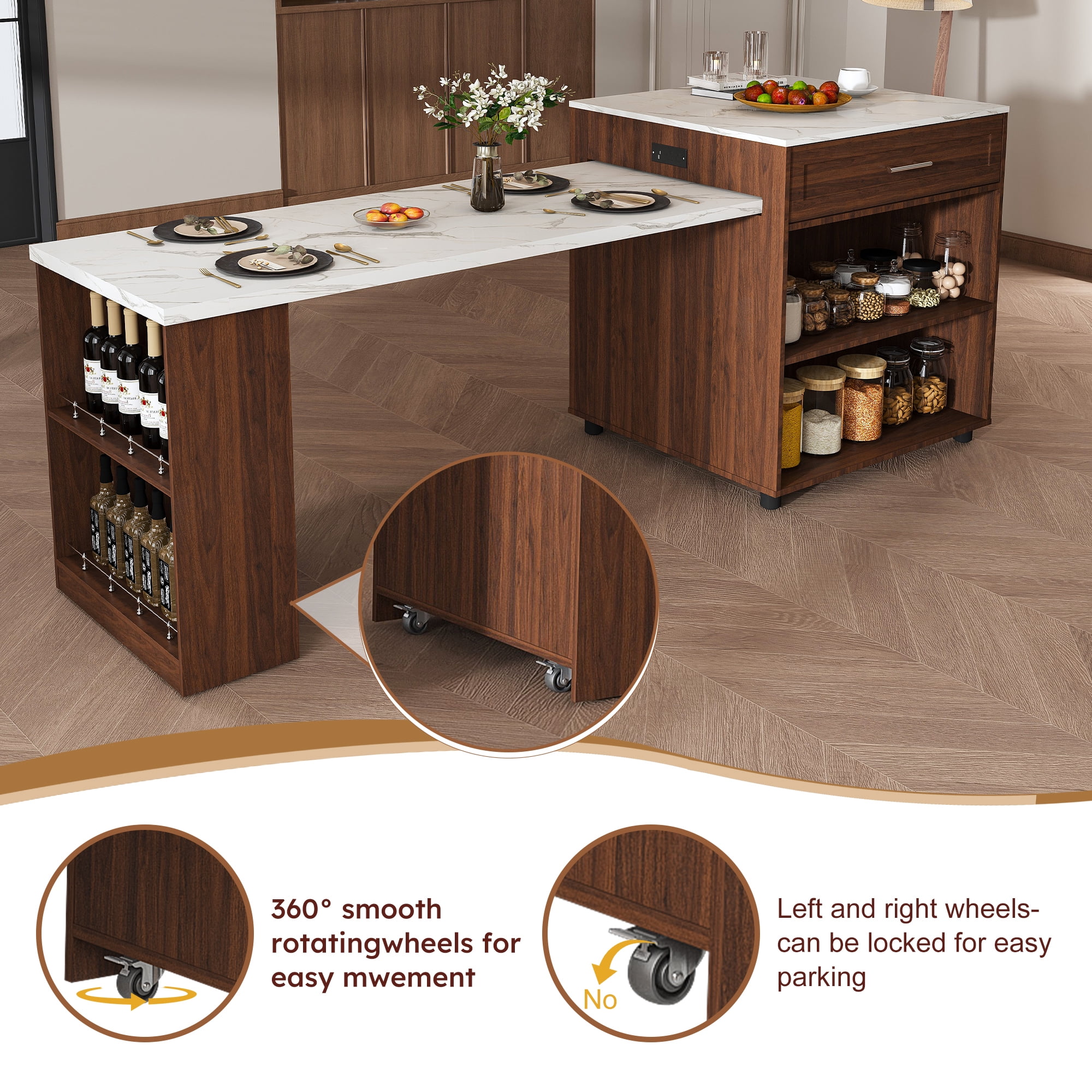 Wohh 80 Inch Extendable Kitchen Island with Marble-patterned Top & Dining Table, Expandable Rolling Cart with Power Outlet, Mobile Storage Cabinet for Small Spaces