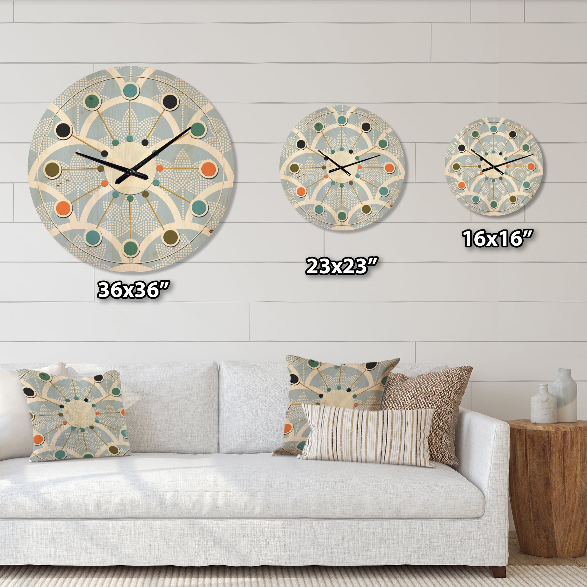 Designart 'Japanese Style Half-Circle Blue Pattern' Mid-Century Modern Wood Wall Clock