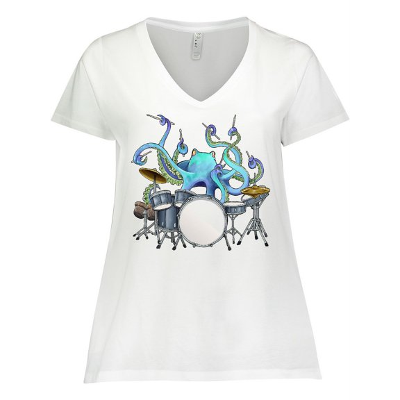 Inktastic Cute Blue Octopus Drumming Women's Plus Size V-Neck T-Shirt