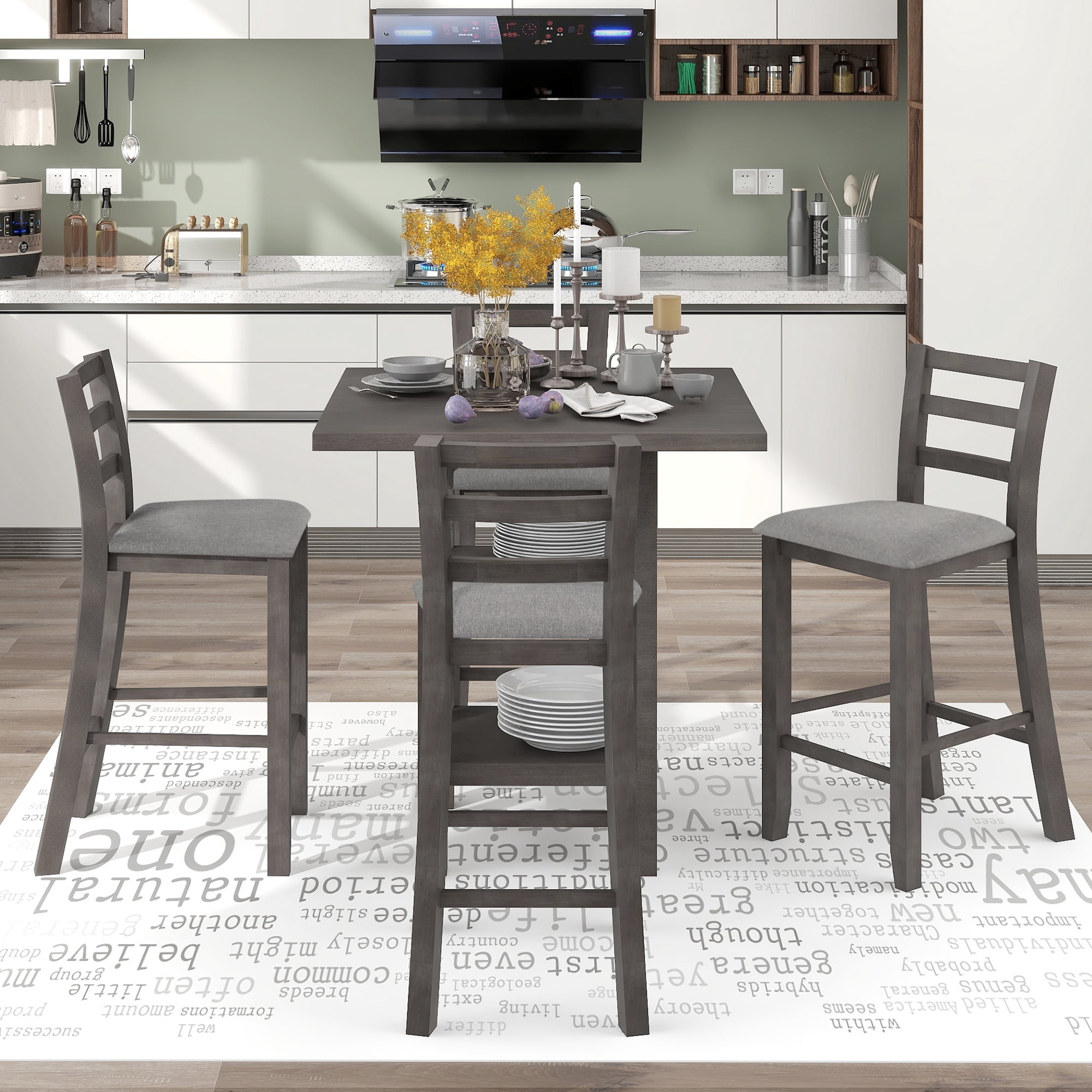 Euroco 5-Piece Counter Height Dining Table Set for 4,Wood Dining Table with 4  High Back Chairs & Open Storage Shelves,Kitchen Table Set for Small Space