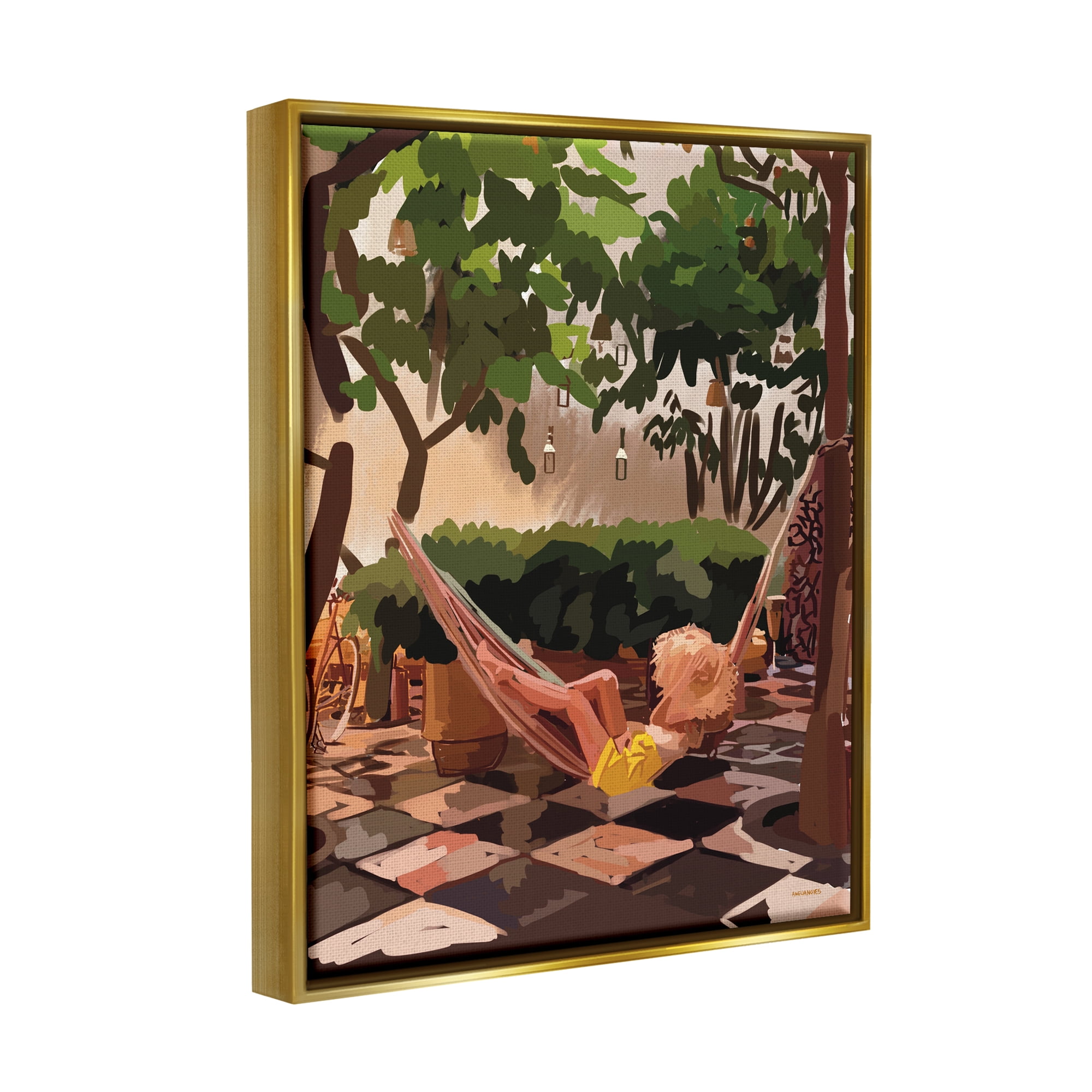 Stupell Industries Woman Lounging Hammock Tropical Summer Vacation Scenery Graphic Art Metallic Gold Floating Framed Canvas Print Wall Art, Design by Amelia Noyes