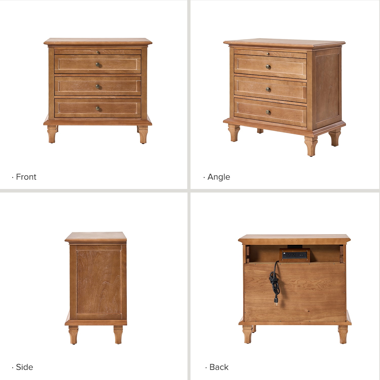 Tina's Home Farmhouse Acorn Soild wood End Table with Charging Station, 3 Drawer Side Table with Pull-Out Tray for Living Room, Small Spaces