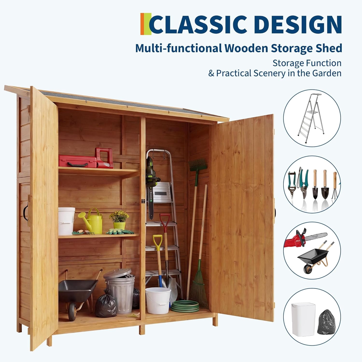 56" Outdoor Storage Shed, Large Wooden Garden Shed with Waterproof Asphalt Roof, Lockable Double Doors & 2 Removable Shelves,Wooden Tool Organizer for Backyard & Patio, Natural Fir Wood