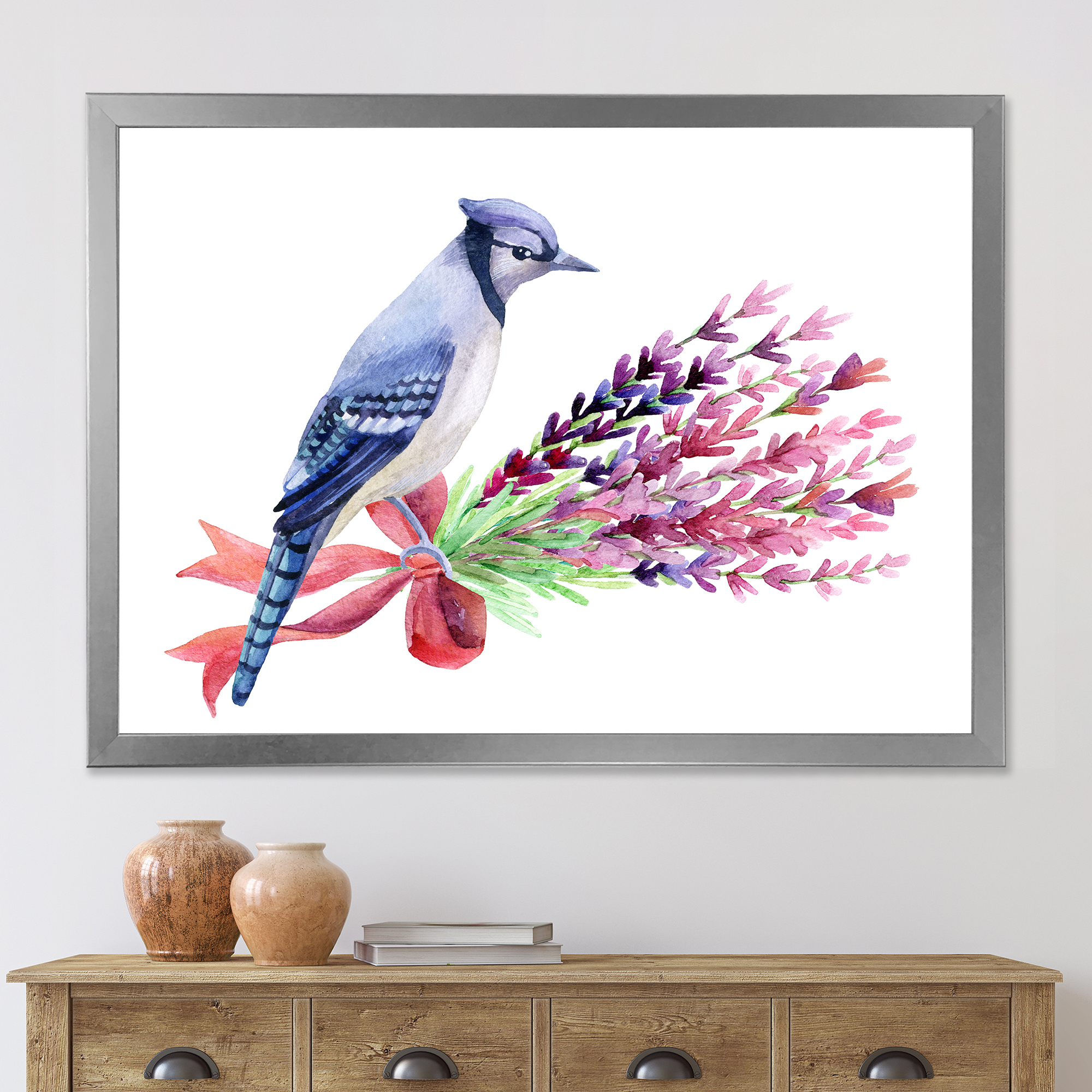 Designart 'Blue Jay Bird On Bouquet Of Pink Flowers' Traditional Framed Art Print