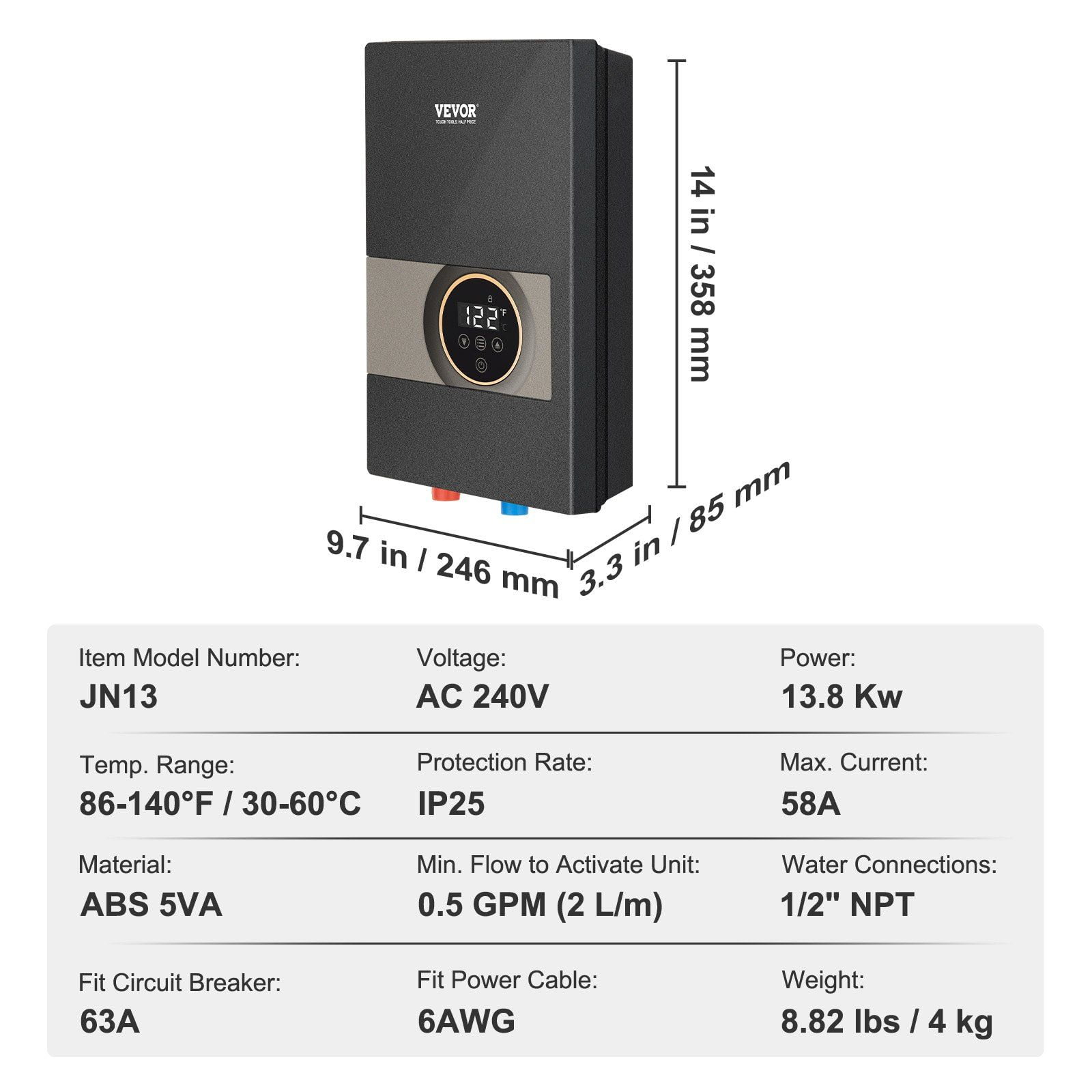 Instant Water Heater 13.8kW, Electric Tankless Water Boiler with Digital Display, 24/7 Hot Water for Shower, Kitchen, Bathroom – ETL Listed