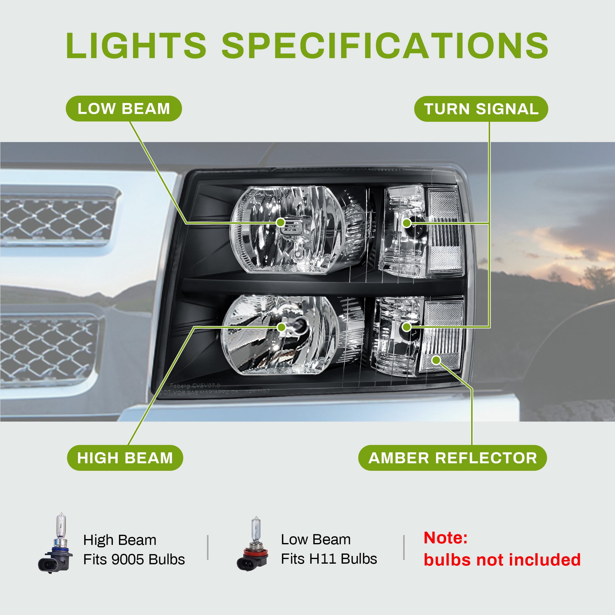 RVNI Headlights For 2007-2014 Chevy Silverado 1500 2500HD 3500HD Lamps OE Style Black