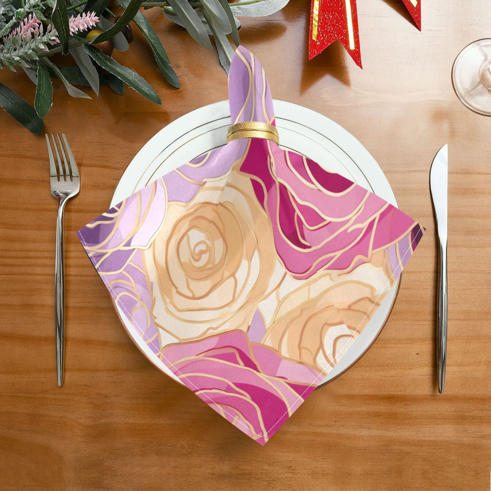 JSTEL Rose Flowers Hand Drawn Cloth Napkins Set of 6, 20x20 Inch Washable and Reusable Napkin for Decoupage Dinner Party Everyday Use