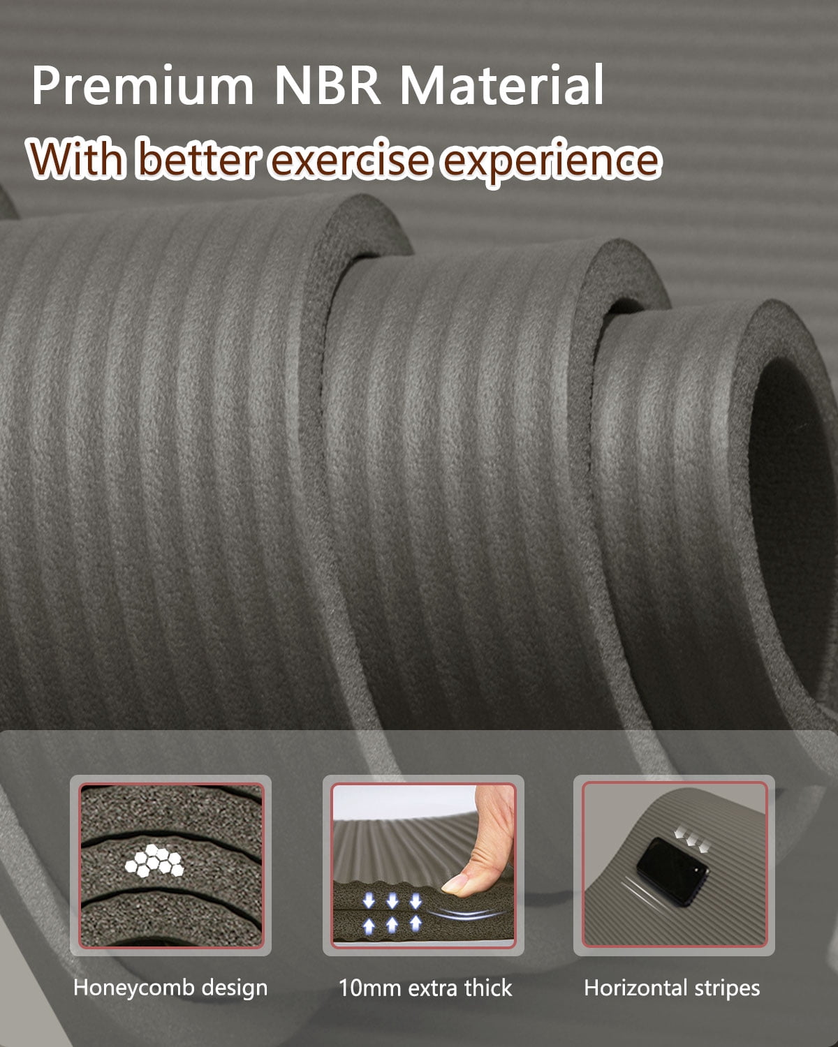 YR Thick Yoga Mat 10mm NBR 78"x35" Wide Exercise Workout Mats Large for Home Gym Floor Fitness Pad, Gray