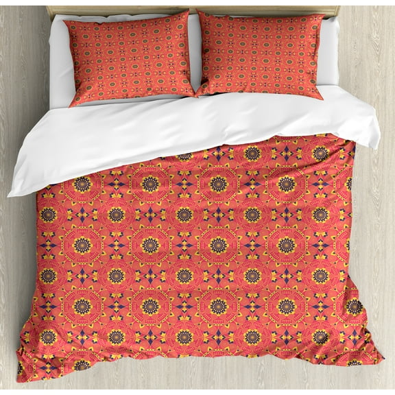 Vintage Duvet Cover Set, Colorful Mandalas Pattern Symmetrical Design Traditional Folk Design, Decorative 3 Piece Bedding Set with 2 Pillow Shams, Calking Size, Burnt Sienna Multicolor, by Ambesonne
