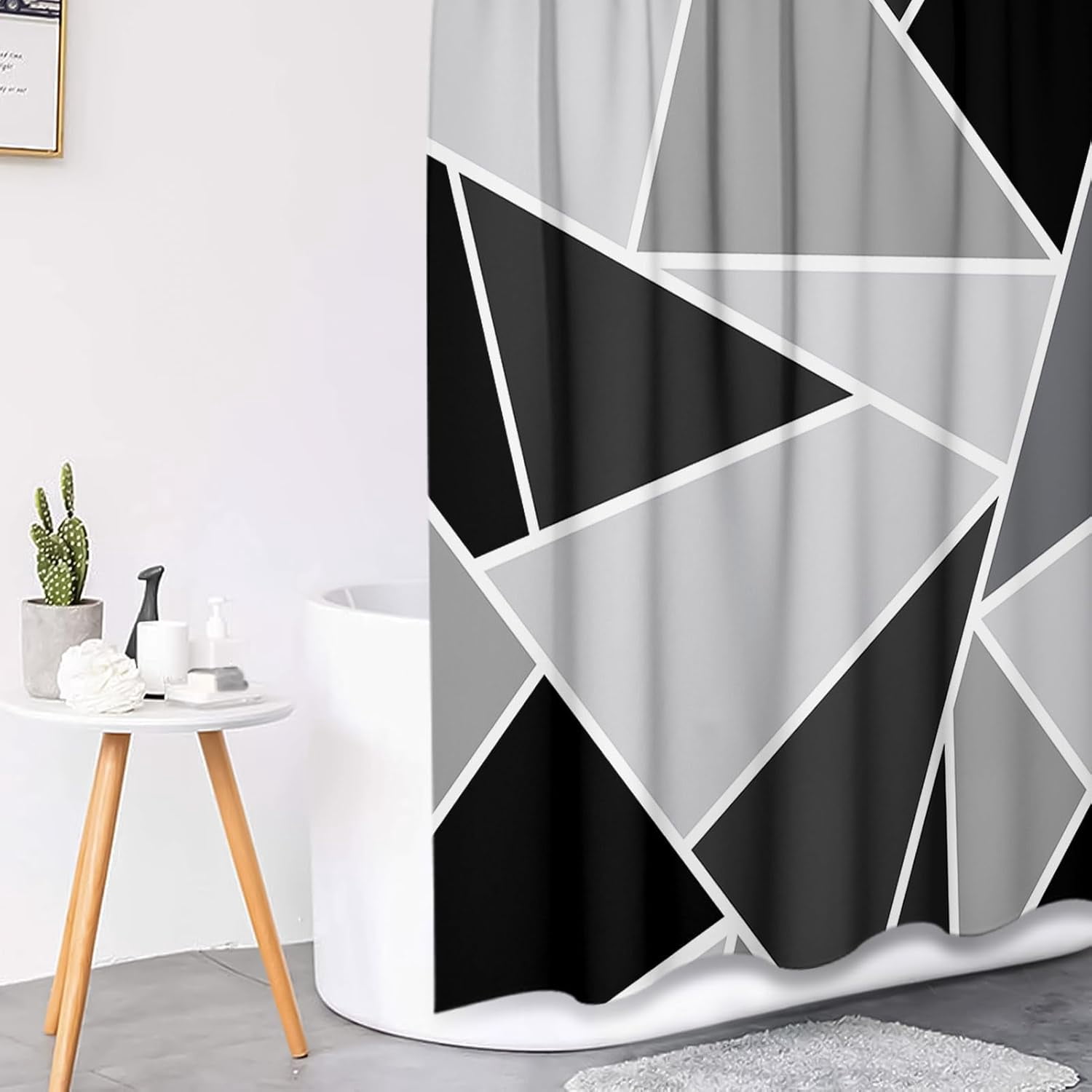 Grey Black Wavy Line Shower Curtain Set with Toilet Lid Cover and Non-Slip Rugs for Bathroom, Abstract Stripes 4 Pcs Shower Curtain, Modern Geometric Bathroom Set with 12 Hooks