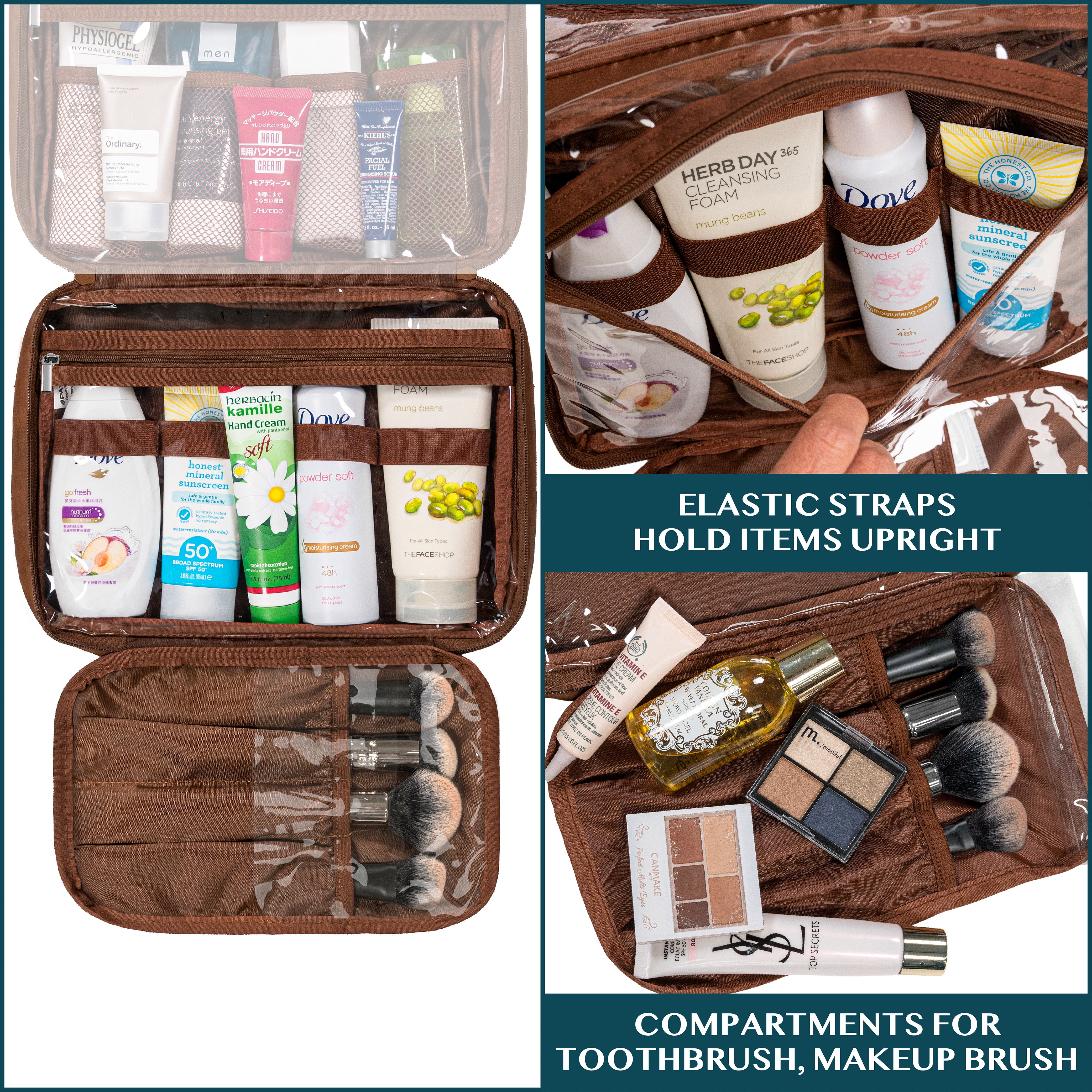 PAVILIA Hanging Toiletry Bag Women Men, Foldable Cosmetic Organizer Travel Bag, Water Resistant Makeup Bag Toiletries, Large Travel Essentials Kit (Brown)