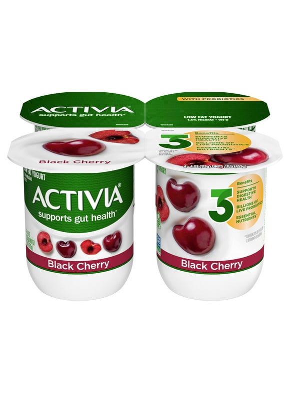 Activia Black Cherry Probiotic Yogurt, Lowfat Yogurt Cups, 4 oz , 4 Count