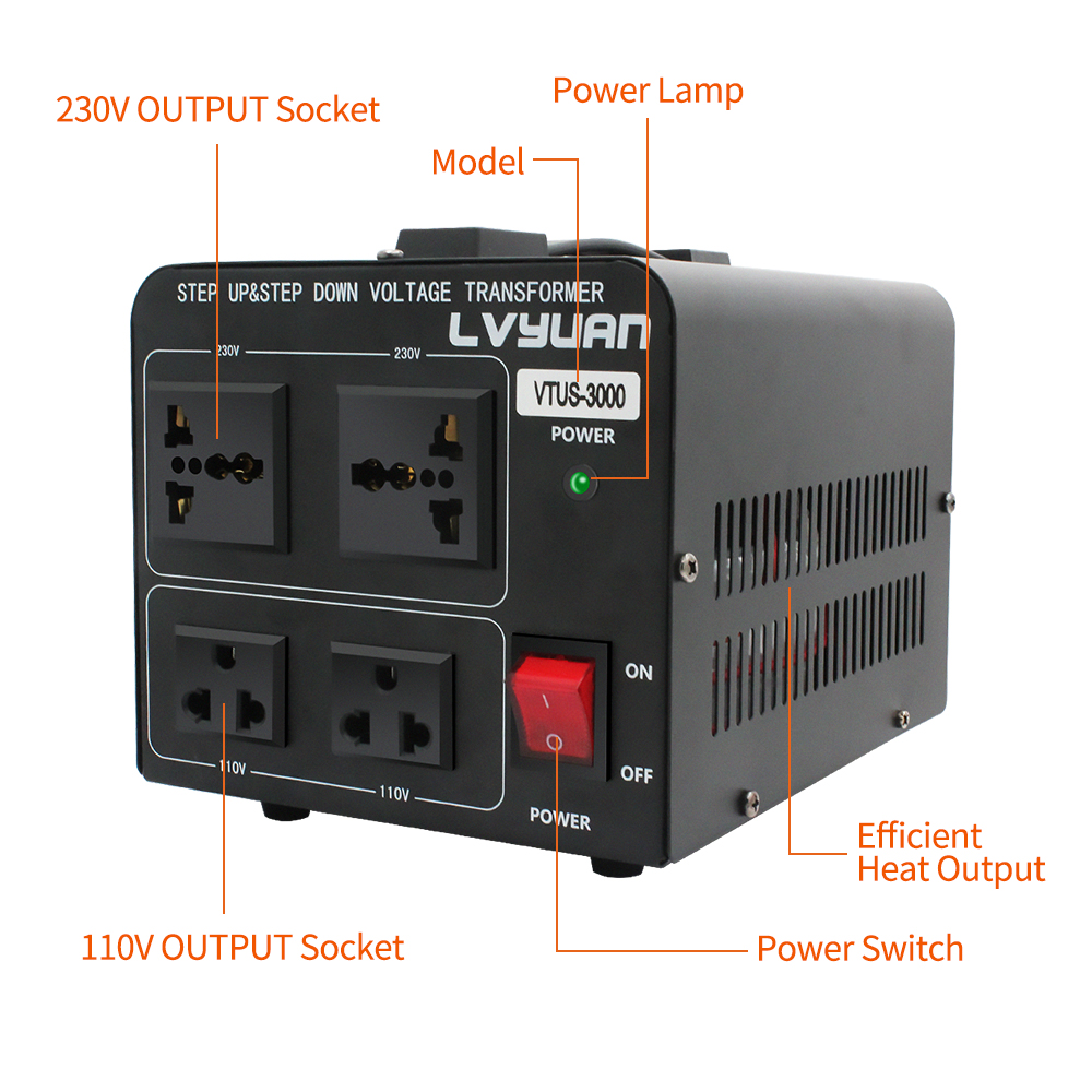 LVYUAN 3000 Watts Peak Voltage Converter Transformer Step Up/Down 110V to  220V 220V to 110V Circuit Breaker Protection