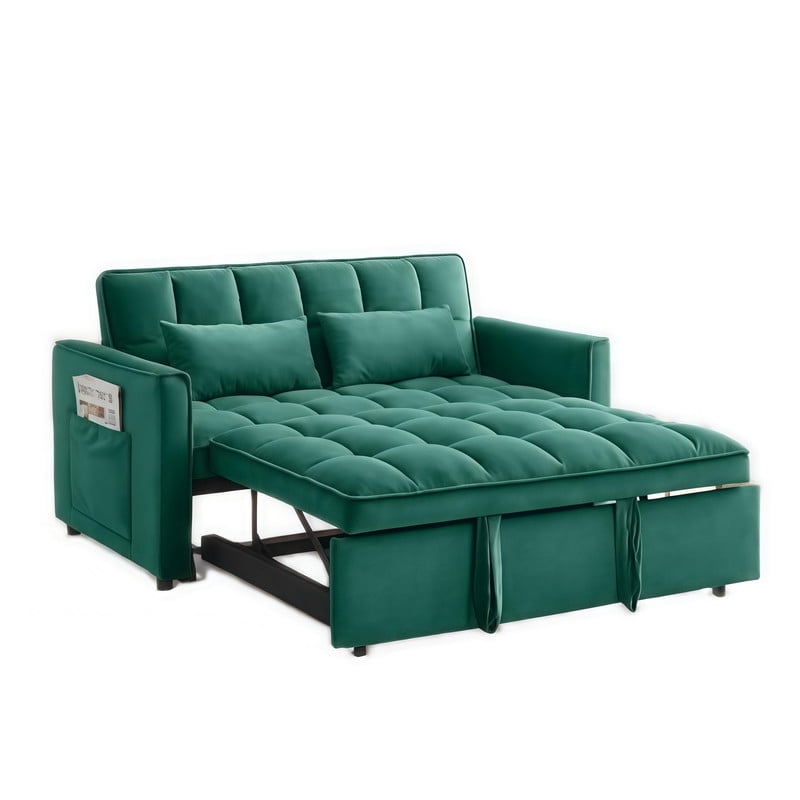3 in 1 Convertible Sleeper Sofa Bed, 55" Modern Loveseat Pull Out Couch with Adjustable Reclining Backrest & Side Pockets, Velvet Loveseat for Living Room
