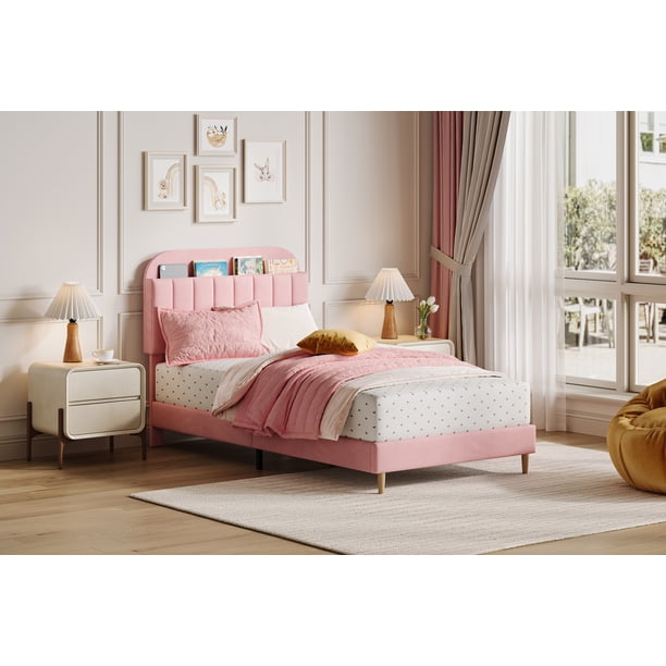Yeshouse Cama de terciopelo con plataforma, cabecero con espacio de almacenaje y librería, estructura tapizada con listones de madera y patas de metal, fácil de montar y silenciosa
