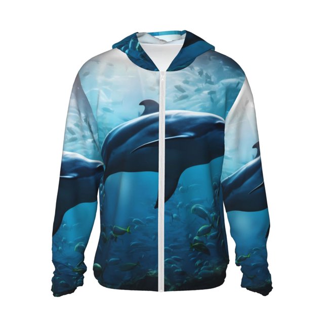 Fotbe Ocean Dolphin Fish School Chaqueta con Protección Solar UPF 50+ para Hombre y Mujer, Camisa con Capucha y Bolsillos-3X-Large