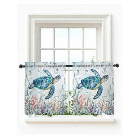 Teal Sea Turtle Coastal Tier Curtains 24 Inch Length Sheer Curtains for Bedroom Living Room Window Summer Beach Ocean Coral Rod Pocket Drapes Kitchen Curtains Small Half Window 27.5 x24 2 Panels
