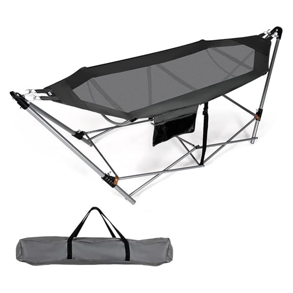 REKHH Portable Folding Hammock, Lounge Camping Bed with Hammock Stand, Indoor & Outdoor Hammocks w/Side Pocket, Anti-tip Buckles & Iron Stand for Camping Outdoor Patio Yard Beach (Grey)