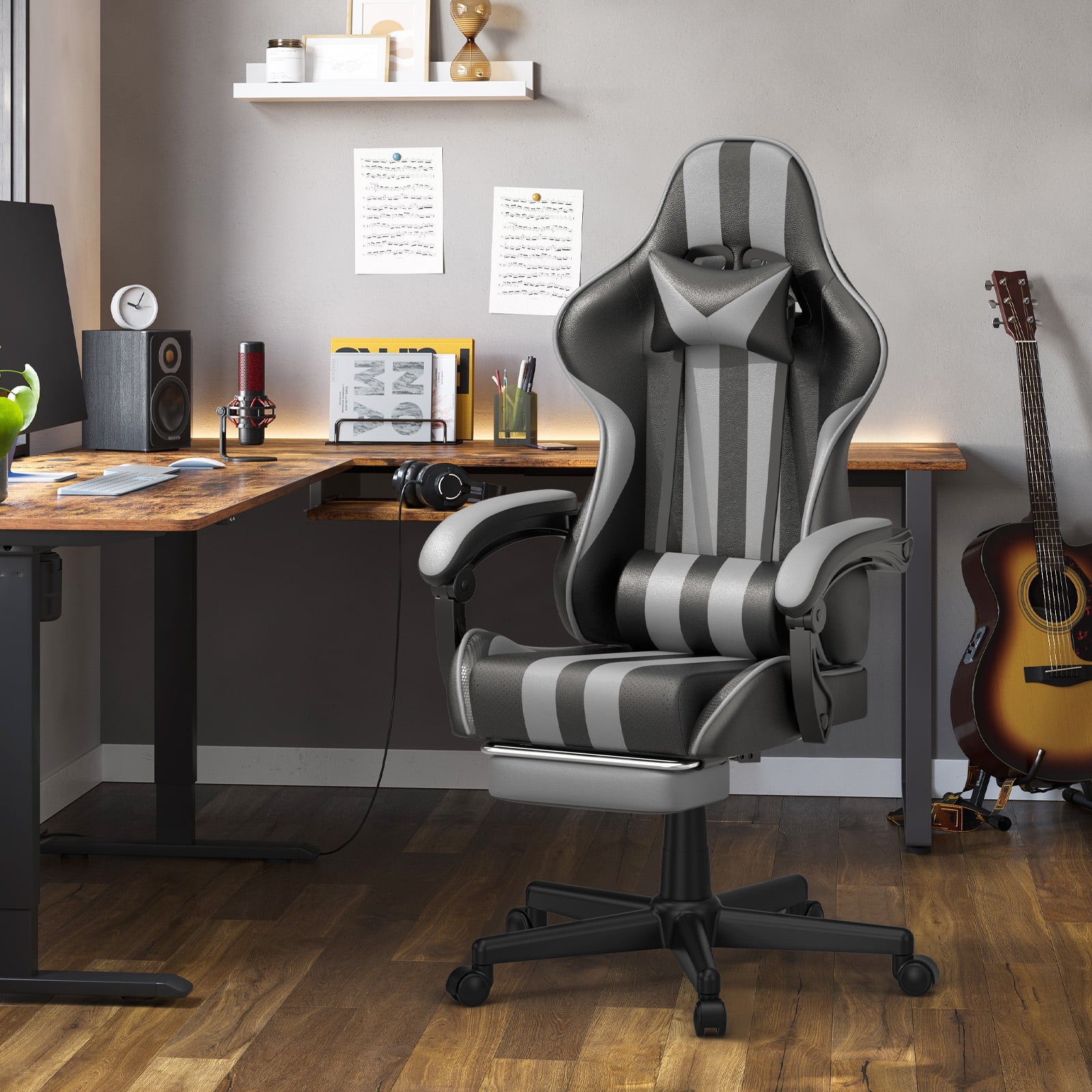 Lointain Grey Gaming Chairs with Footrest, PC Computer Chairs for Adults, Ergonomic Office Chair with Height Adjustment,Retractable Footrest,Headrest & Massage Lumbar Support,Racing Game Gamer Chair