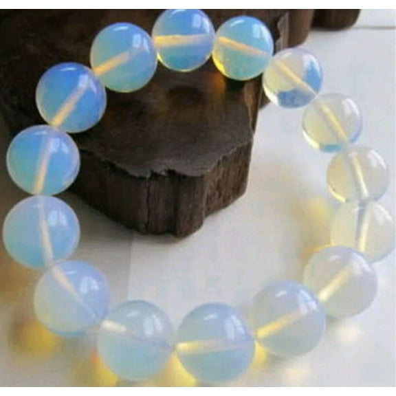 K-KED 12mm Beautiful Genuine Natural Australian White Opal Round Beads Bracelet 7.5''