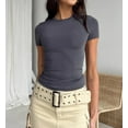 thumbnail image 2 of LAICAIW T-Shirt Court à Manches Courtes pour Femmes, Basique, Ajustement Solide, Col Rond, Sortie, Yoga Décontracté, 2 of 7