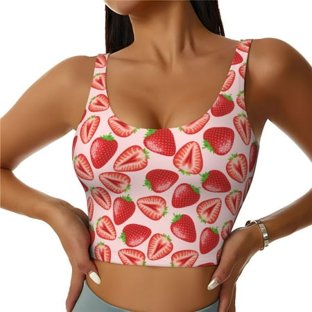 Jgfou Cute Strawberry Print Womens Sports Bra - Padded Workout Sports Bras Crop Tank Top