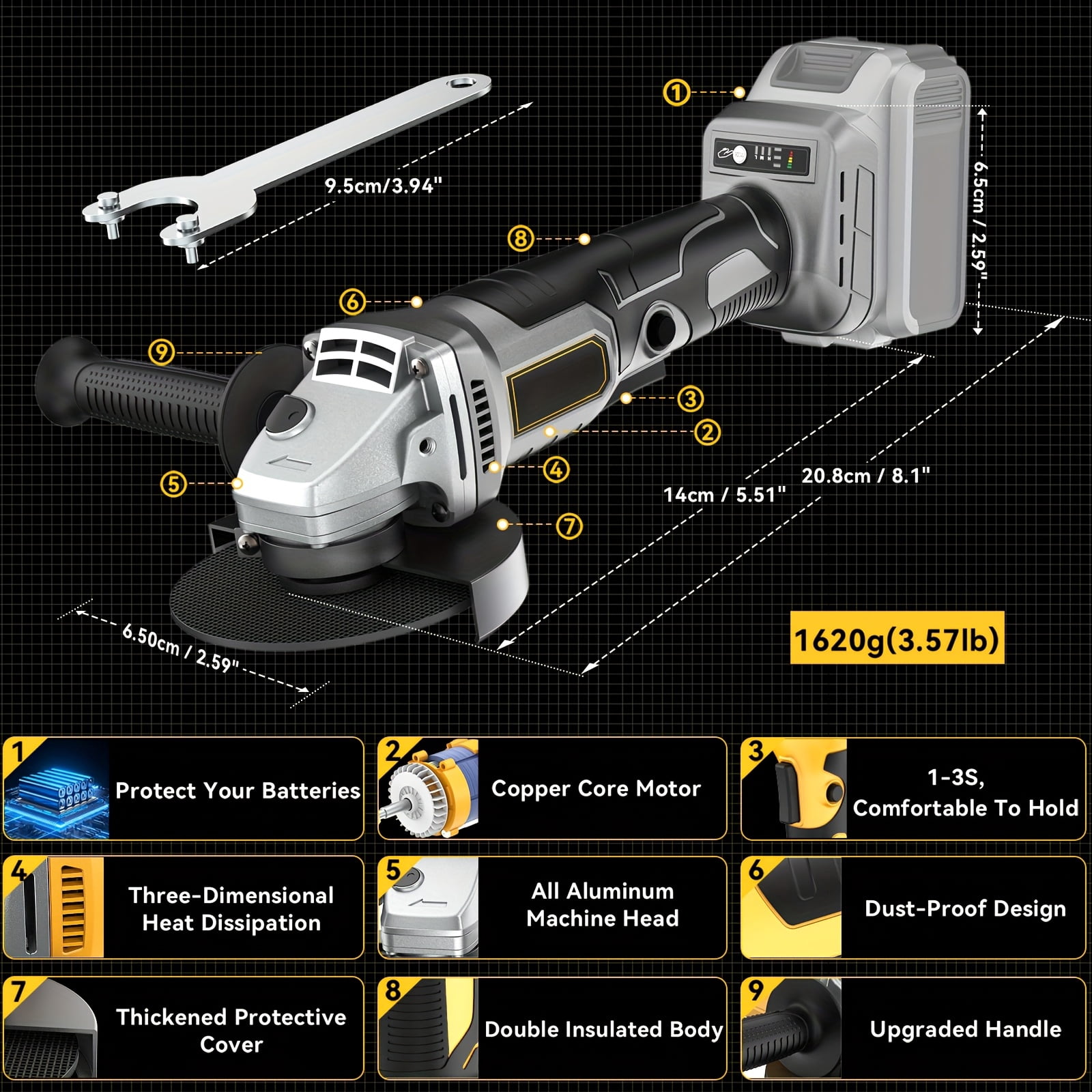 Angle Grinder Compatible with for 20V Battery, Featuring a Brushless Polishing Tool with an Auxiliary Handle, Operating at 5500-8500 RPM, Suitable for 4-1/2 Inch Grinding Wheels,