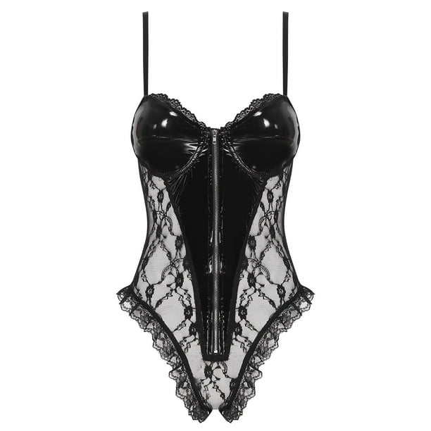 Women Lady Sheer Lace Pole Dancing Bodysuit Zipper Backless Patent Leather Catsuit Leotard Club Rave Party Clubwear Nightwear4XL Gong Bohan LED