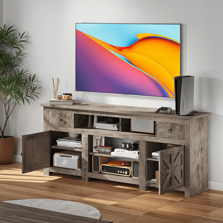 Uforic 70 Inch Modern Farmhouse TV Stand for 75/80 Inch TV with Built-in Power Outlets, 2 Cabinets & Open Compartments for Living Room, Gray