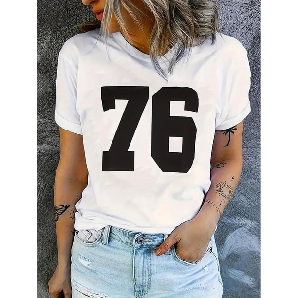 Camiseta para mujer con Cuello de veranoWomen's Casual Letter Print T-Shirt - "76" Design, Comfortable Short Sleeve Crew Neck, Soft Polyester Blend, Perfect for Summer and Casual AttireFather's Day,