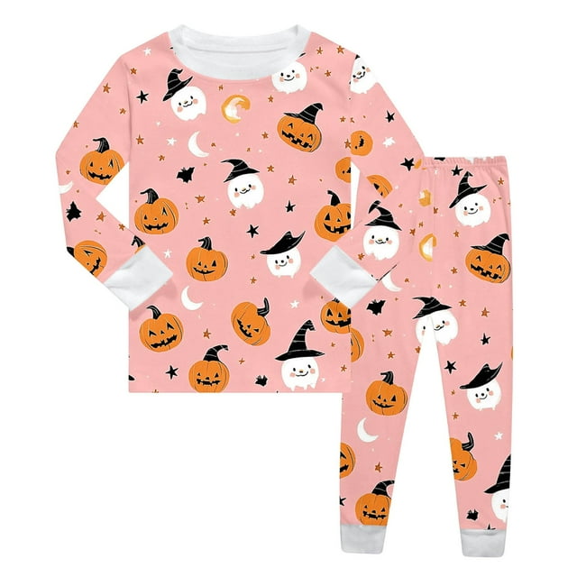Ensemble de Pyjama d'Halloween pour Filles, Costume à Manches Longues avec Pantalon, Tenue avec Imprimé Citrouille pour Tout-Petits et Enfants de 2 à 8 Ans, Tenue de Nuit Confortable pour Fête d'Automne et d'Hiver