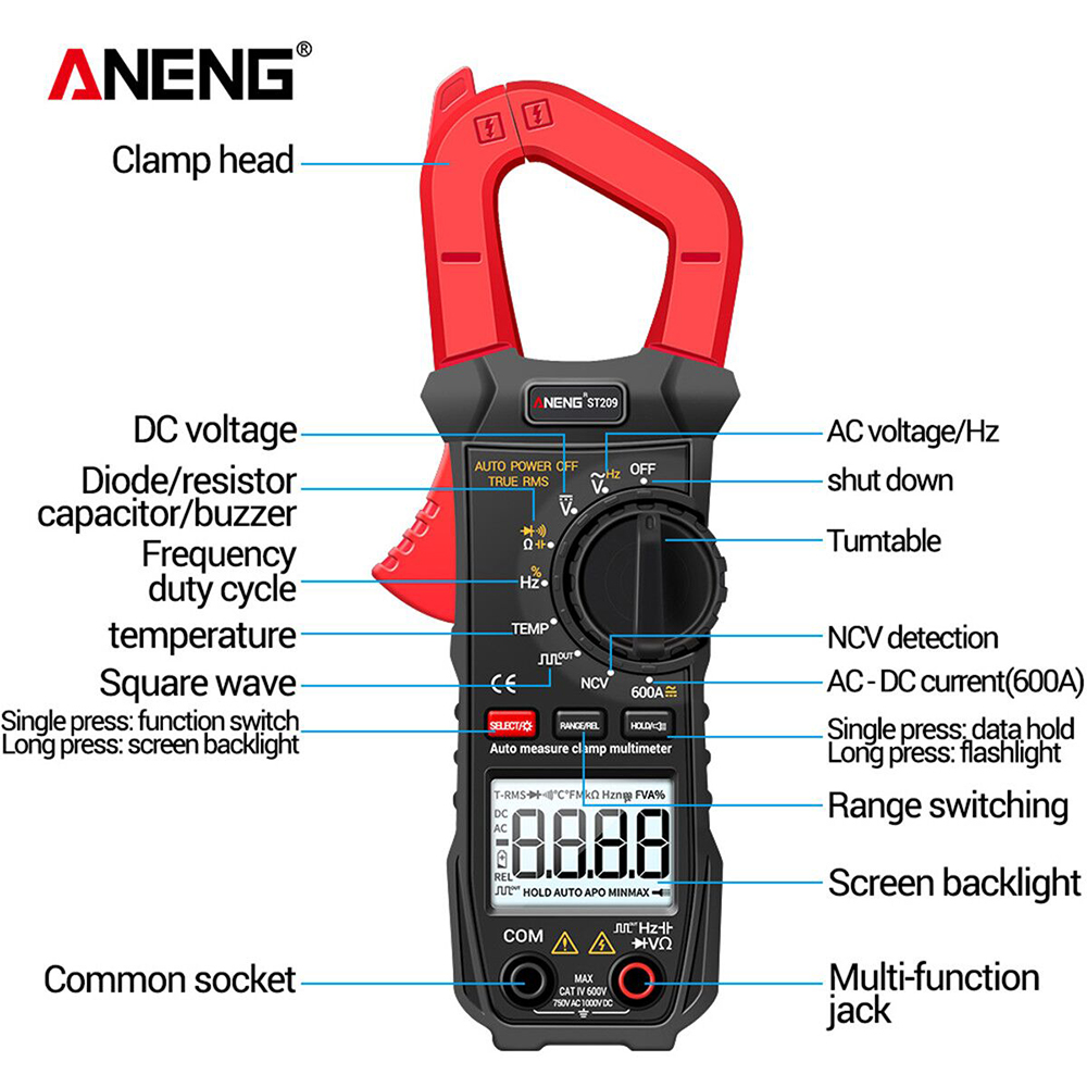ANENG Clamp Meter,Tester Meters Voltmeter Clamp Meter 6000 Amp Clamp Tester RMS Amp Clamp Voltmeter Auto LCD Clamp Tester Meters Meters Voltmeter Auto 6000 RMS Amp Clamp ST209 Clamp Meter