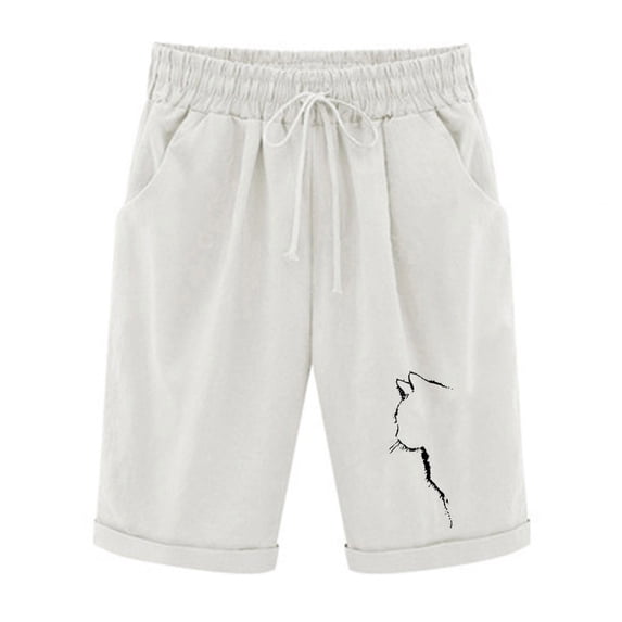 QUYUON Shorts for Women Trendy Graphic Print Drawstring Elastic Waist Shorts Bermuda Shorts with Pockets Lounge Shorts Style S-40 Comfy Loose Casual Summer Linen Shorts Pants , White 3XL