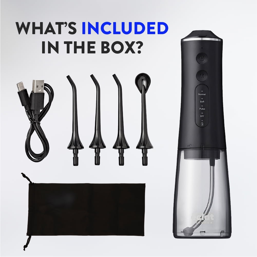 Éclat Portable Electric Waterproof Water Flosser for Deep Teeth Cleaning - 300ML Tank, USB-C Rechargable, Long Lasting 30 Day Charge, 4 Accessories Included BPA Free (Black)