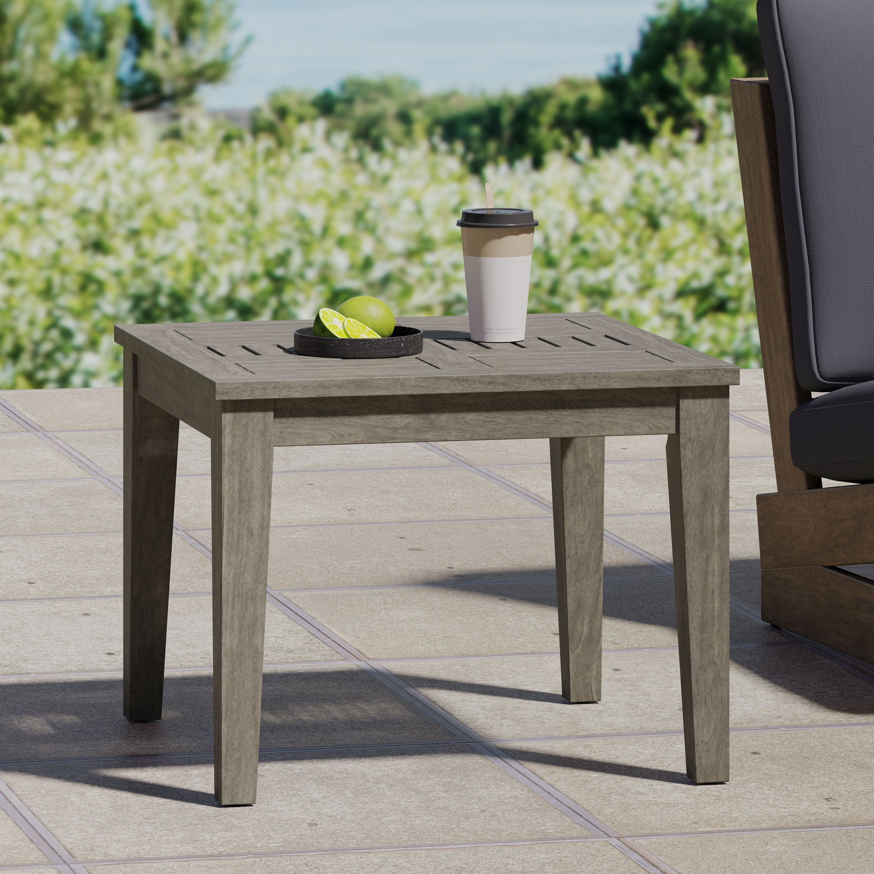 Outdoor Compact Side Table, Solid Acacia Wood Small Accent Table for Patio Garden, Light Gray