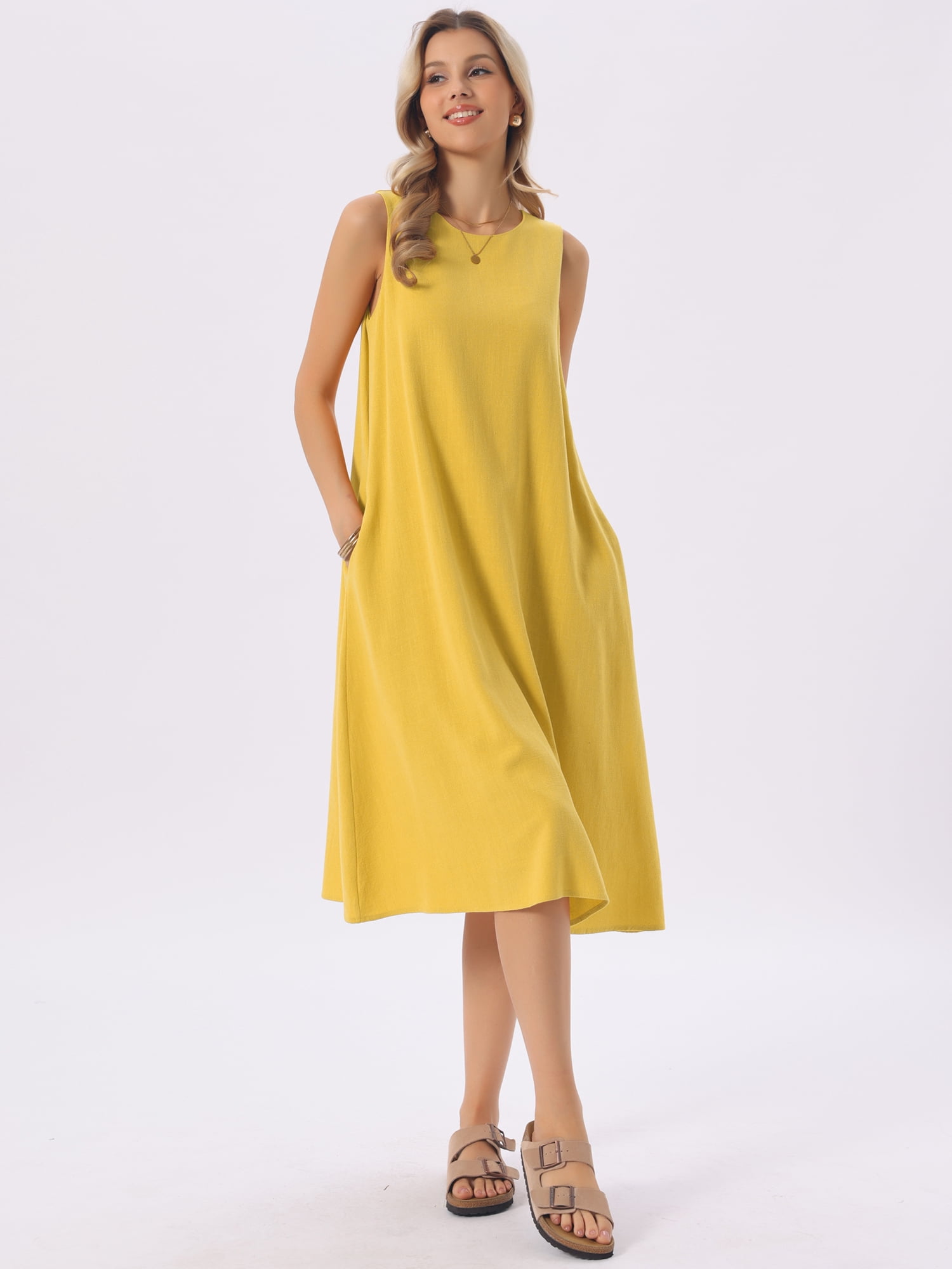 DARING DIVA Linen Sleeveless Dress Large Yellow