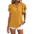 thumbnail image 3 of Daeful Ladies Blouse Double Layer Ruffles Short Sleeve Shirts Office V Neck Elegant Tops Yellow XL, 3 of 5