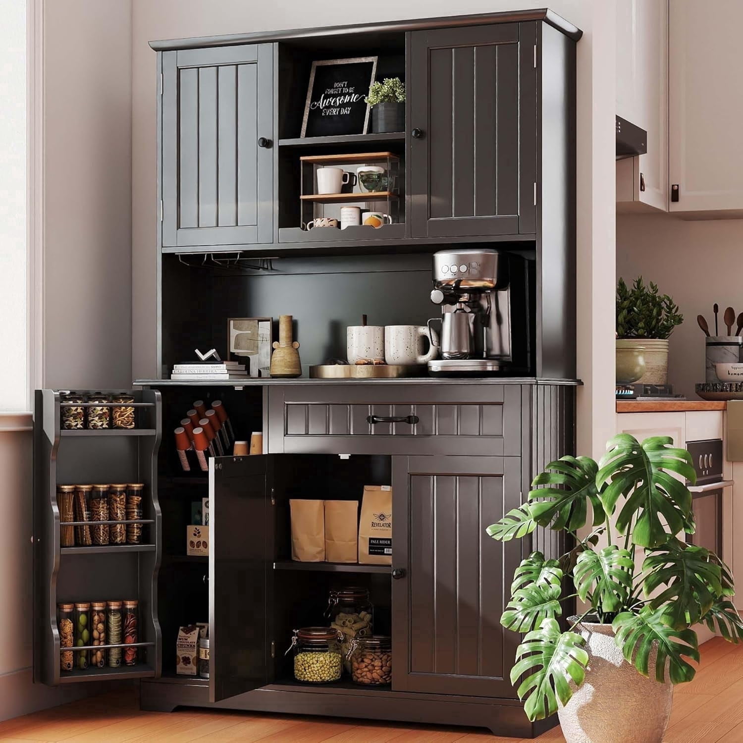 67" Kitchen Hutch Cabinet with 5 Doors and 14 Shelves, Noelse Large Wooden Kitchen Pantry Storage Cabinet with Drawer, Tall Coffee Bar for Dining Room, Black