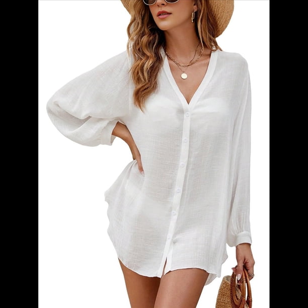 Blusa Playera de Larga con Botones para Mujer S