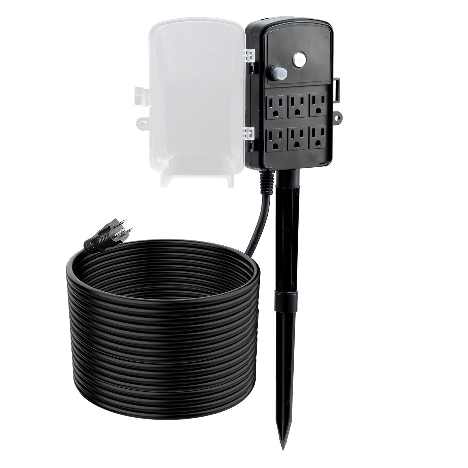 Outdoor Power Stake, 6 Outlets, 15A/1875W, 50 ft Extension Cord, 14AWG SJTW Cable, Waterproof Cover, Overload Protection, for Patio, Garden & Holiday Lighting