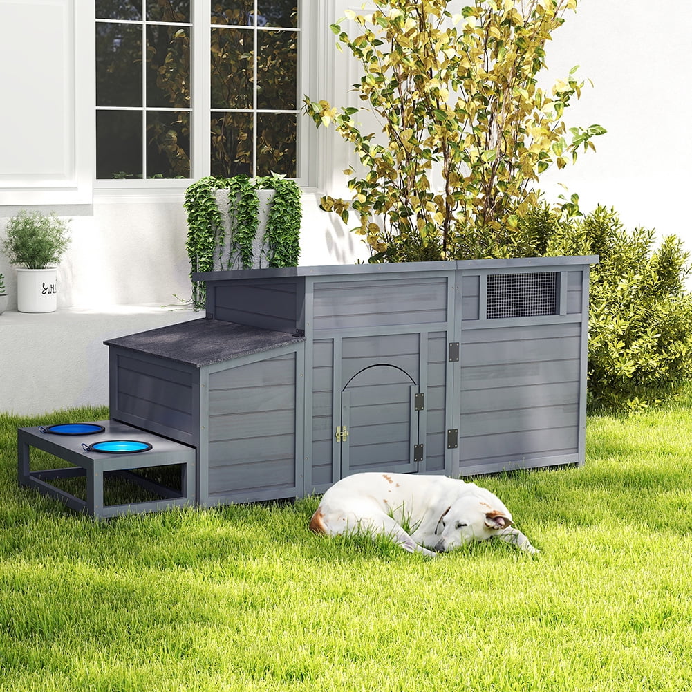 Spaco Wooden Dog House with Storage Box, Openable Roof, Outdoor Dog Kennel with Food Bowls, Dog Pet Playpen Cage, Gray