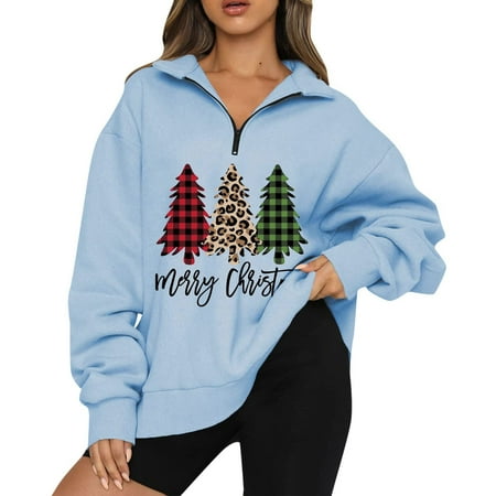 

jsaierl Women s Oversized Sweatshirt 1/4 Zip Long Sleeve Christmas Tree Plaid Print Top Workout Crewneck Sweatshirt Vintage Pullover for Women Fashion 2022