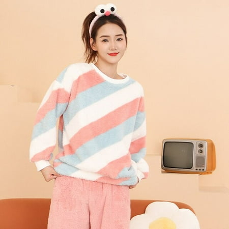 

CoCopeaunt Autumn Winter New Warm Flannel Womens Pajamas Set Long-sleeved Trousers Two-piece Set Cute Soft Home Wear Clothes for Women
