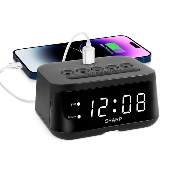 SHARP Digital Alarm Clock with USB 2 AMP Fast Charge Port & White LED Display