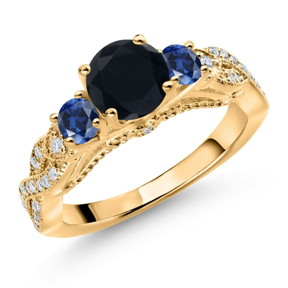 Gem Stone King 18K Yellow Gold Plated Silver Black Onyx Blue Created Sapphire and White Moissanite Engagement Ring for Women (1.35 Cttw, Gemstone December Birthstone, Round 6MM and 3MM, Size 7)